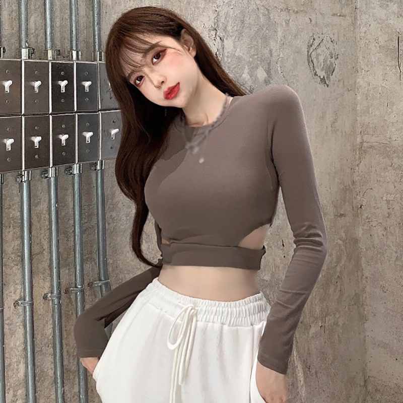 Slim Hollow Crop Top Women Solid Basic Long Sleeve Tshirt Casual White Fashion T Shirt Ladies Fashion Korean Hollow Tee
