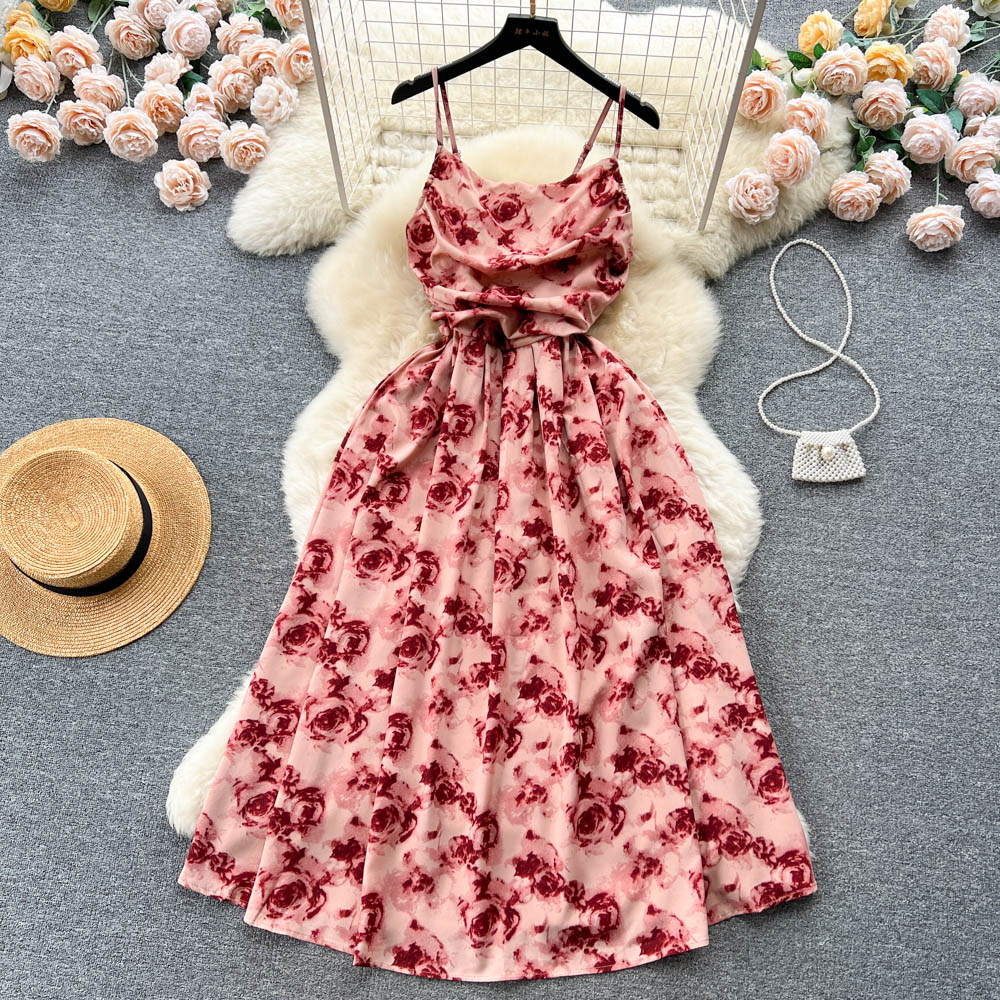 Romantic Floral Print Long Dress Vintage Rose Print High Waist Spaghetti Strap Summer Dress Lady Beach Sundress