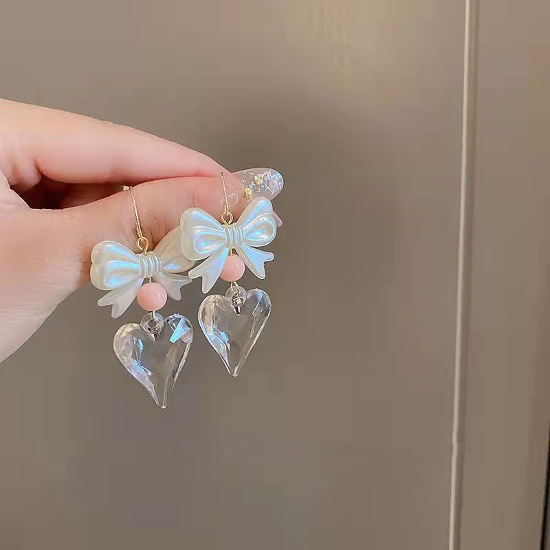 White Bowknot Crystal Heart Acrylic Earrings For Women Vintage Elegant Butterfly Transparent Love Drop Earrings Female