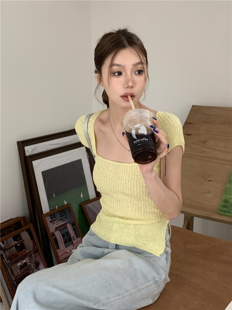All Match Square Collar T-shirts Bandage Hollow Out Knitted Tops Women Short Sleeve Y2k Aesthetic Fashion Solid Harajuku Tees