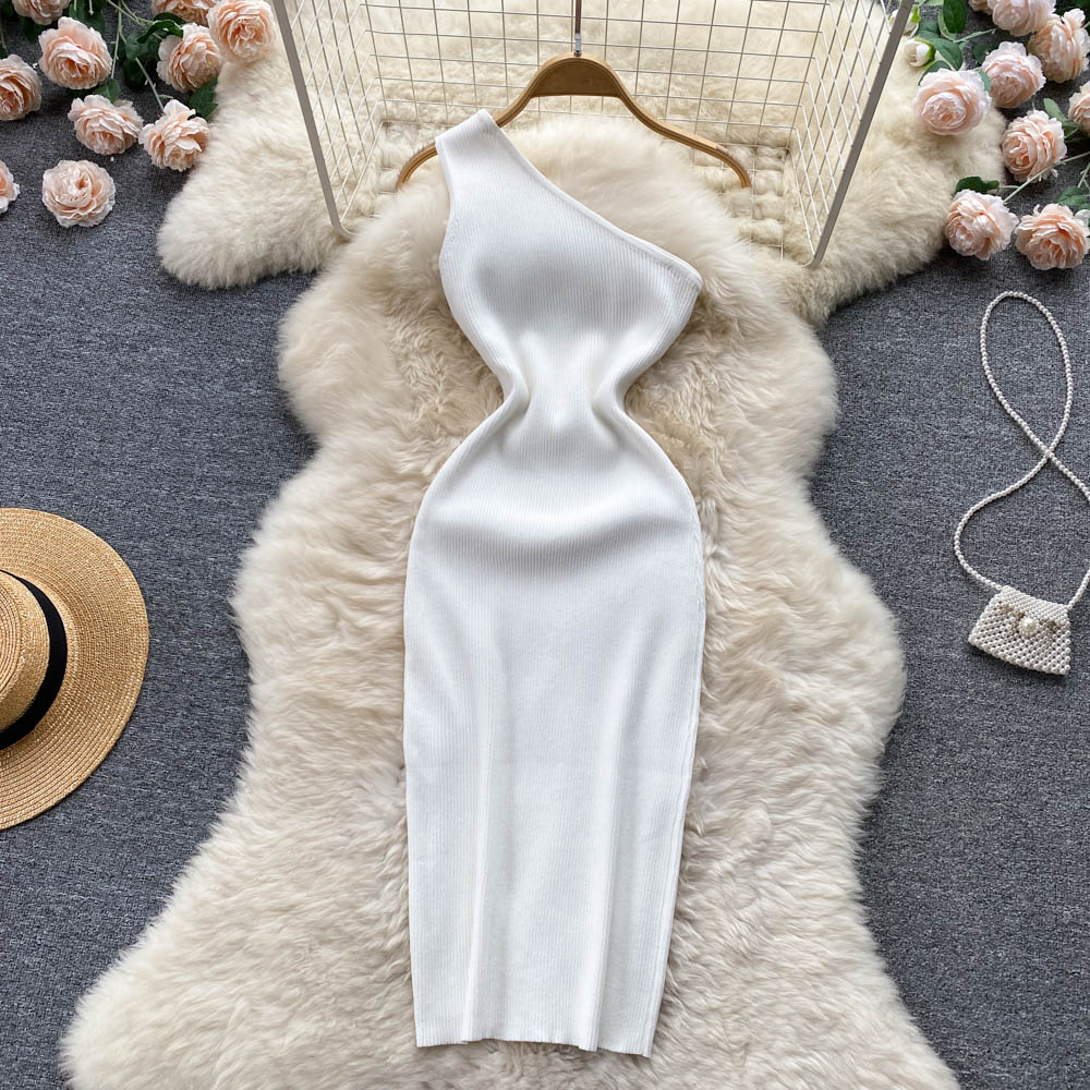 Ins Fashion Sexy One Shoulder Knitted Bodycon Dress Lady Elastic Outfits Package Hips White Mini Dress