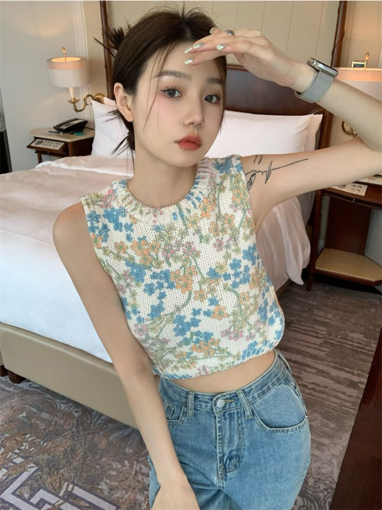 Backless Knit Tanks Women Print Hotsweet Soft Summer Korean Style Y2k Fashion Crop Tops Streetwear Leisure Vintage Girlish Ootd