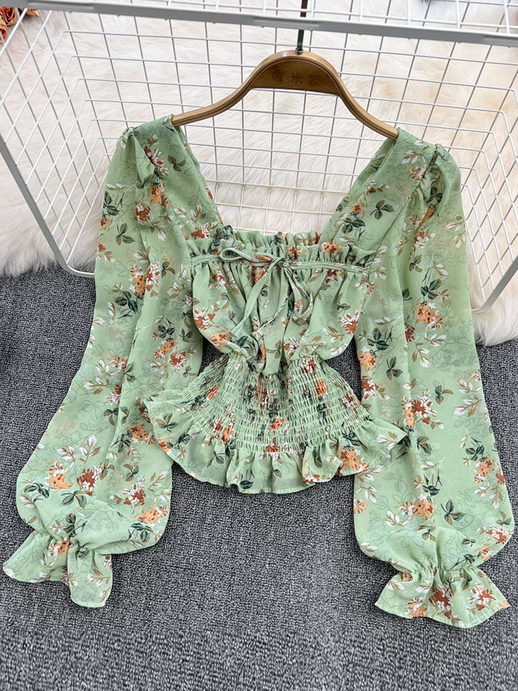 Women Spring Korean Version Of The Retro Square Neck Puff Sleeve Lotus Leaf Floral Chiffon Short Blouse Tops