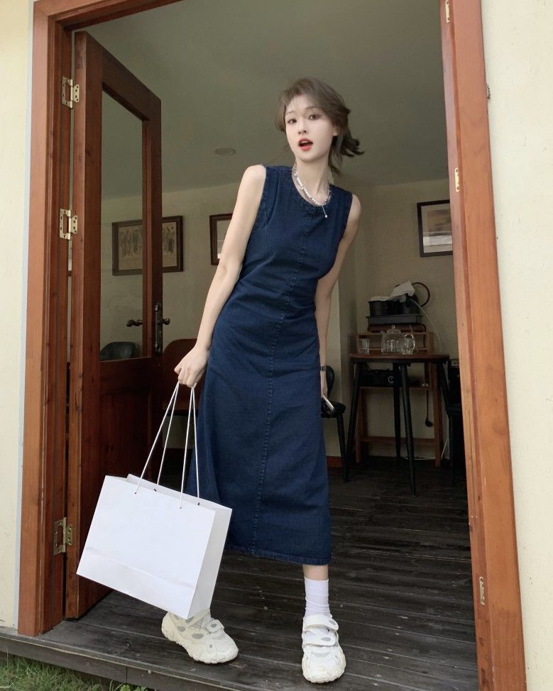 Buy AND Women Blue Solid Denim Pinafore Dress - Dresses for Women