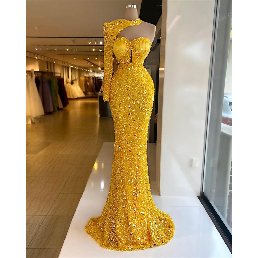 Sexy One Shoulder Shiny Yellow Sequin Beaded Crystal Mermaid Evening Dress Strap Collar Black Formal Party Dresses Vestidos 2023
