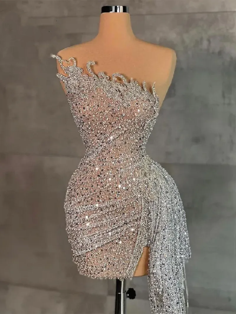 Custom Made Mermaid Silver Beading Sequined Pleated Prom Dresses Miniskirt Short Cocktail Dresses
