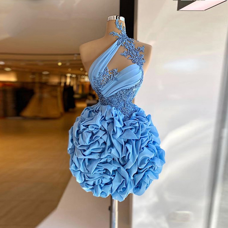 Prom Dress One Shoulder Appliques Sexy Blue Short Ruffles Evening Ball Gowns Cocktail Dresses Women Vestidos De Fiesta 2023