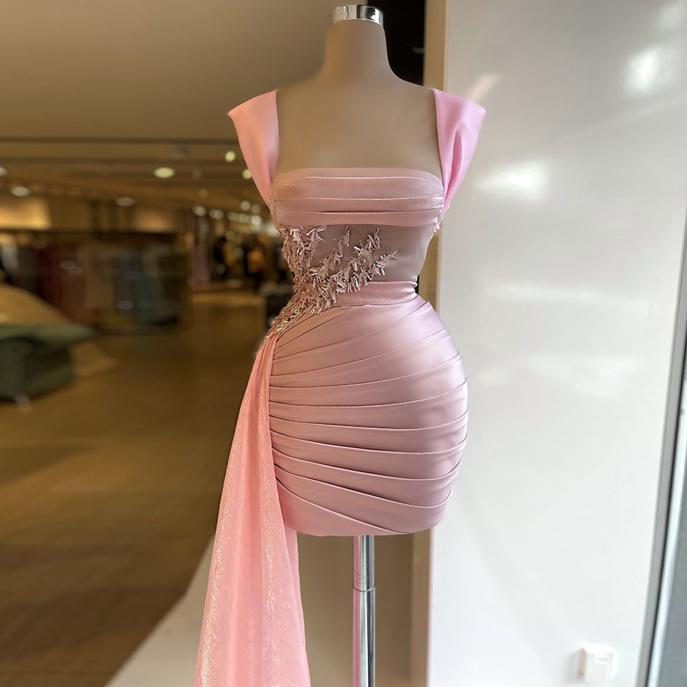 Pink Cocktail Dresses Pleat Satin Beading Mini Skirt Sexy Prom Gowns Custom Made Sheath Mini Evening Party Dress For Women