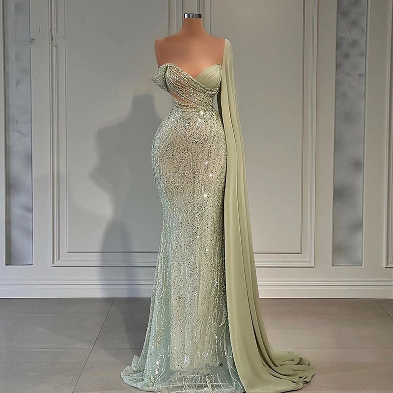 Mint Green Long Party Dresses One Shoulder Sleeves V-neck Marocain De Mariage Mermaid Beaded Sequined Evening Dress For Women