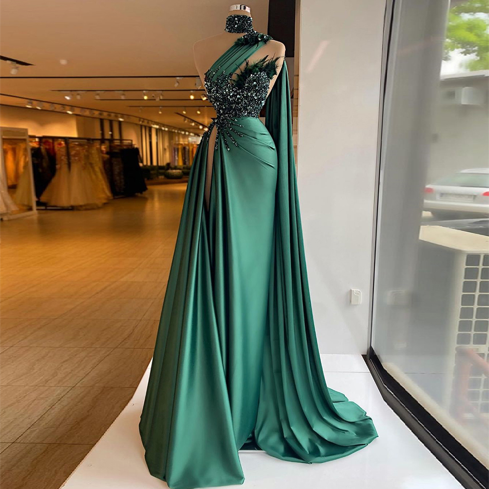 Satin Evening Dresses One Shoulder Long 2023 Luxury Bead Feather Shawl High Slit Green Women Formal Prom Party Gown Robe