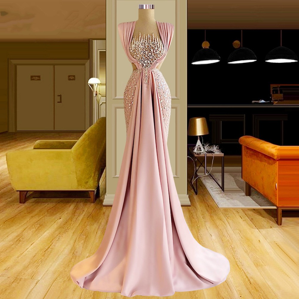 Pink Beaded Party Gowns Arabic Long Wedding Night Evening Dresses Custom Made For Women Prom Celebrity Dresses Robe Soiree