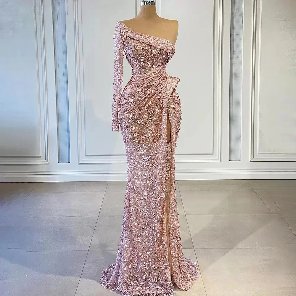 Elegant 2023 Pink Sequins One Shoulder Sleeve Evening Gowns Sweet Mermaid Pleated Side Split Prom Dresses Vestidos De Noche