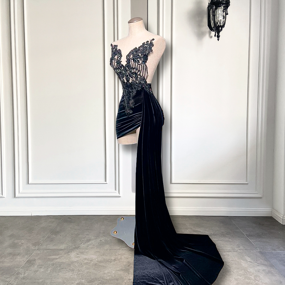 Beaded Embroidery Women Homecoming Gowns Black Velvet Short Prom Dresses 2023 With Side Train