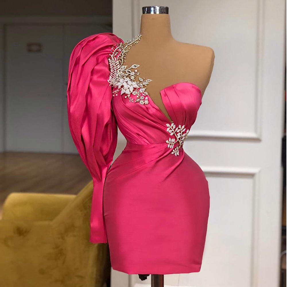 Sheath Formal Party Dress 2023 Sweetheart Lace Applique Beaded One-shoulder Cocktail Dress Pleat Puff Sleeves Celebrity Dress