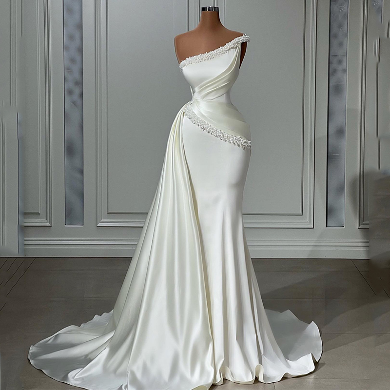 Elegant Mermaid Wedding Dresses One Shoulder Pearls Dress White Beach Floor Length Wedding Evening Prom Gowns Plus Size