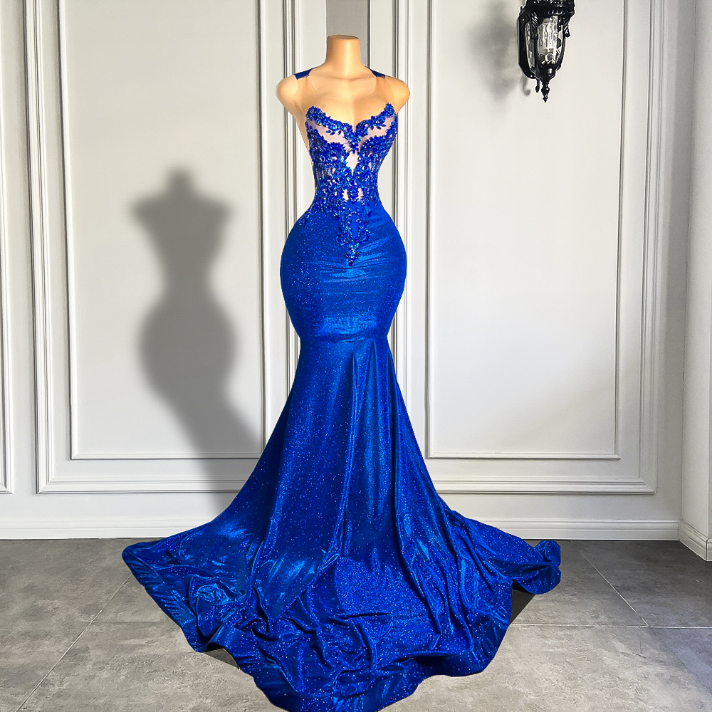 Royal Blue Long Prom Dresses 2023 Luxury Beaded Embroidery Sexy Mermaid Style Black Girl Prom Gala Party Gowns