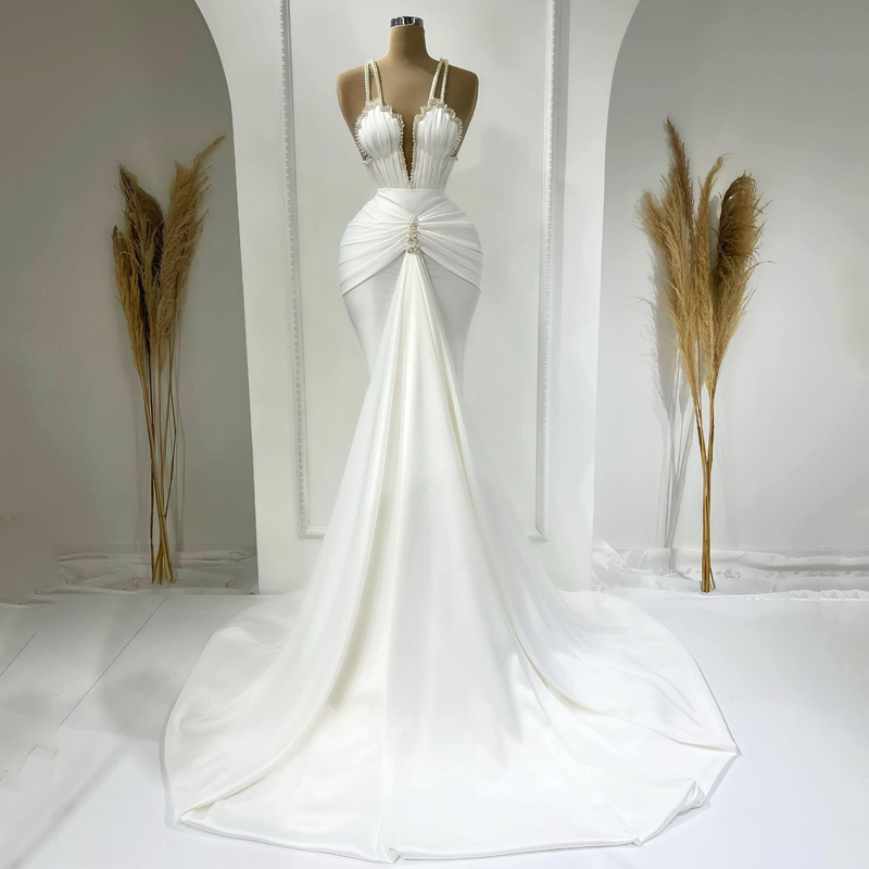 Elegant A-line Wedding Dresses 2023 Beadings Pearls Dress White Beach Floor Length Wedding Evening Prom Gowns Plus Size