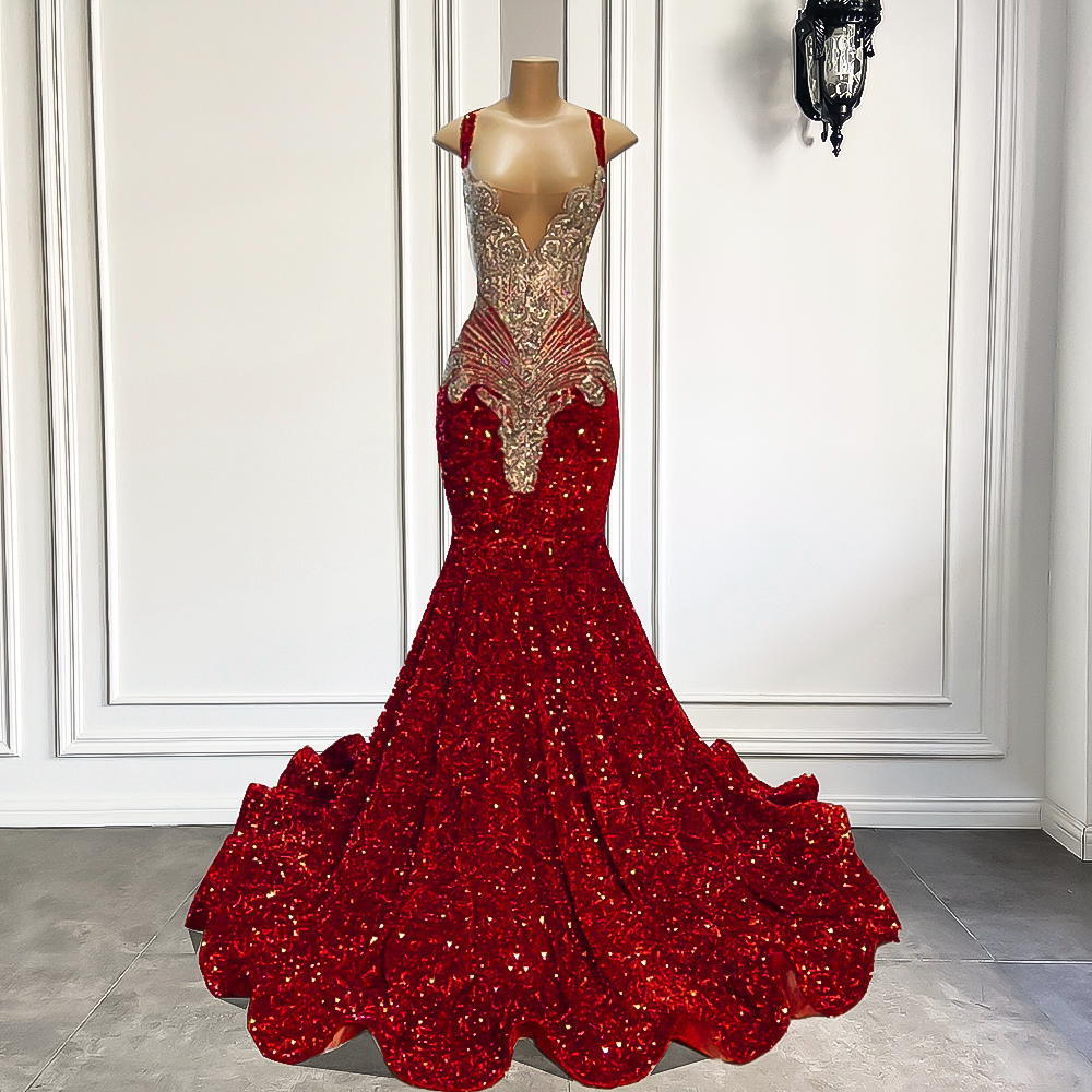 Gorgeous Long Prom Dresses 2023 Mermaid Style Luxury Sparkly Silver Crystals Red Sequin Black Girls Prom Party Formal Gowns