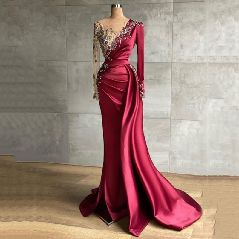 Burgundy Evening Dress For Party Satin Beaded Pearls Long Sleeves Pleats Elegant Mermaid Prom Gowns Celebrity Dress
