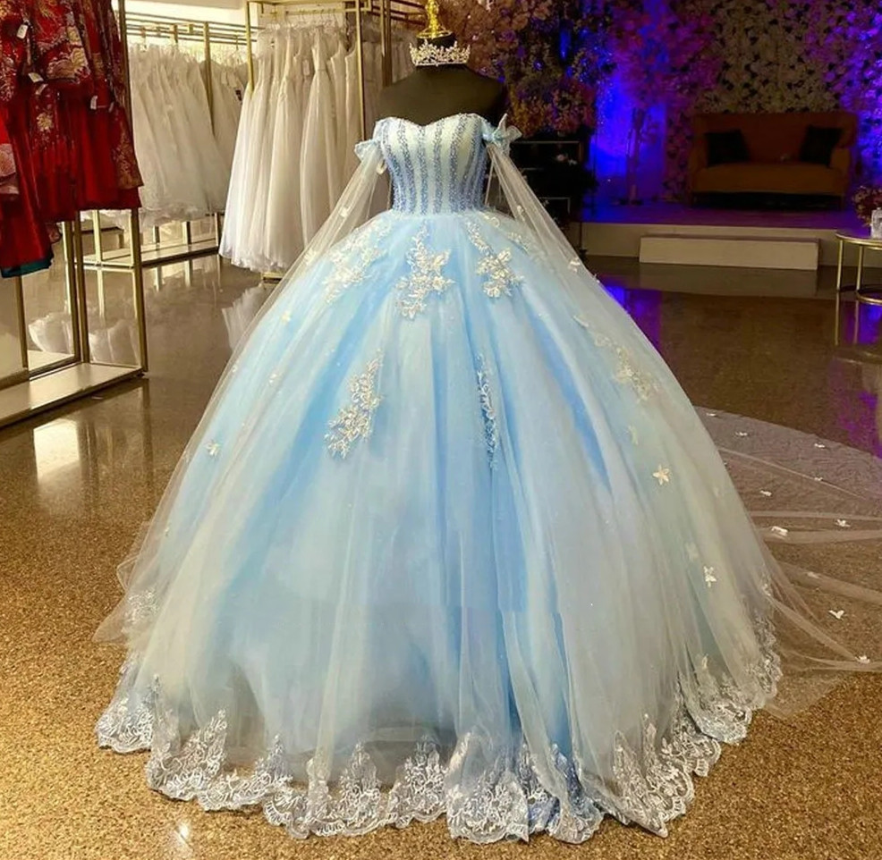 Sky Blue Sweet Princess Quinceanera Dresses Pearls Lace Cape Girl Formal Birthday Prom Gowns 2023