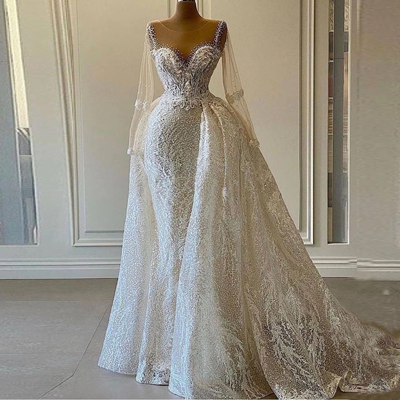 Luxury Sparkly Sequin Wedding Dresses For Womem Mermaid Crystals Long Sleeves With Detachable Train African Bridal Gowns