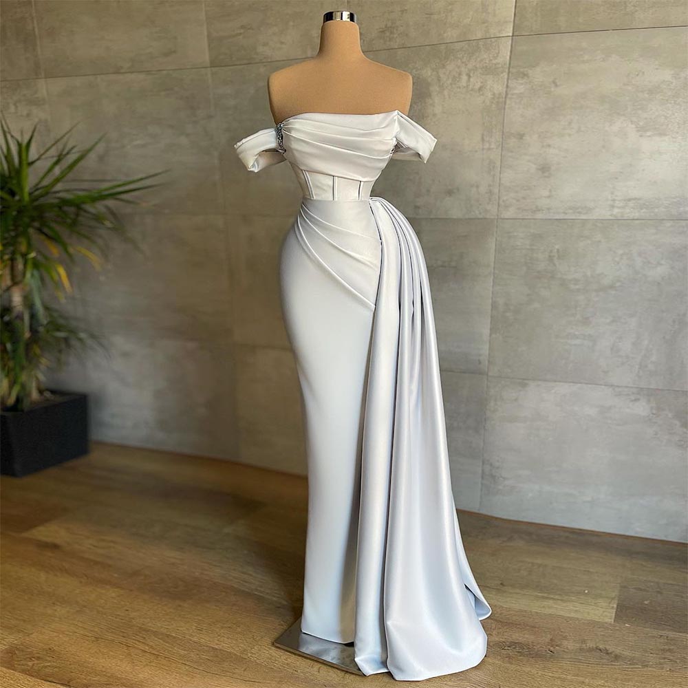 Elegant Satin Mermaid Evening Dresses Pleat Ruched Dubai Women Prom Gown Crystal Beading Formal Party Dress