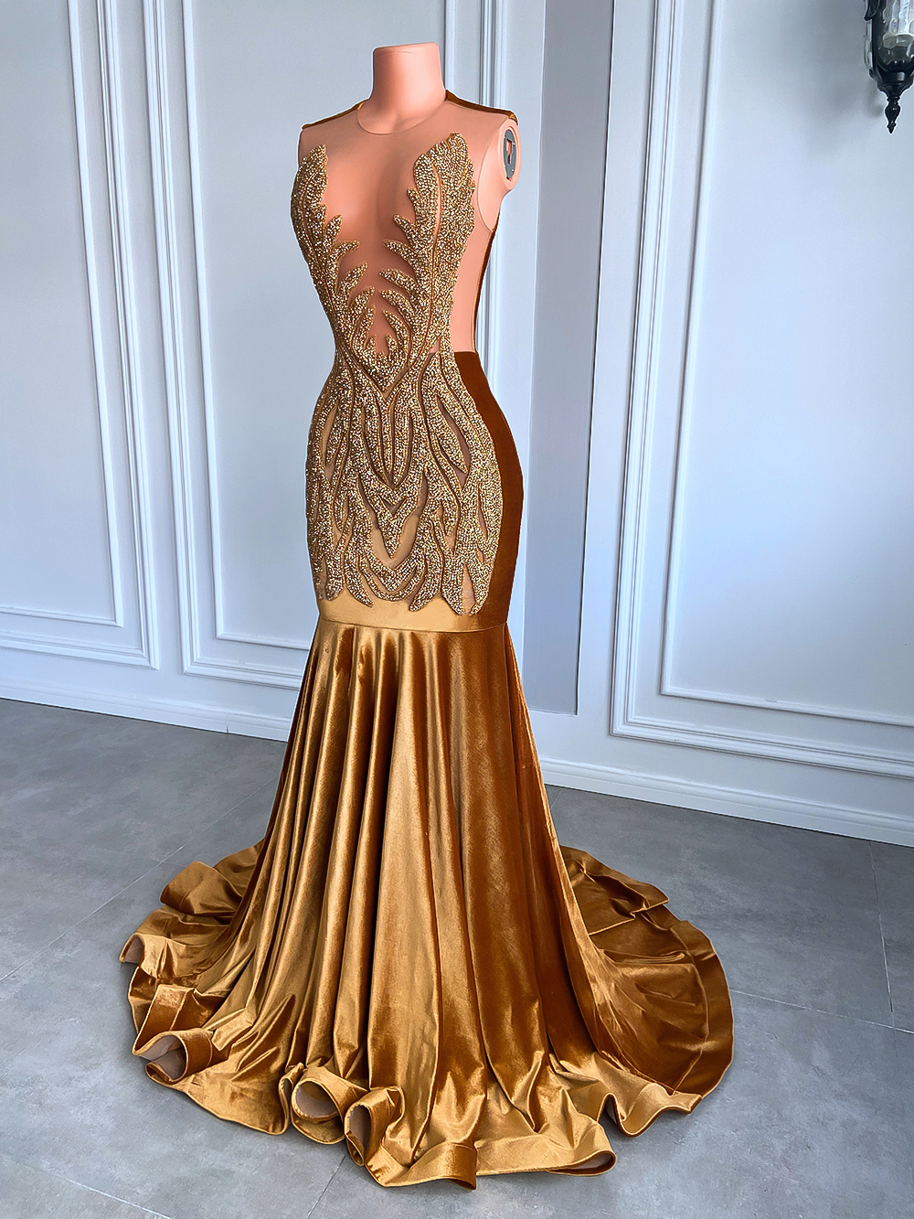 Gold Prom Dresses 2023 Real Picture Sheer Top Luxury Sparkly Diamond Velvet Black Girl Mermaid Prom Party Gala Gowns