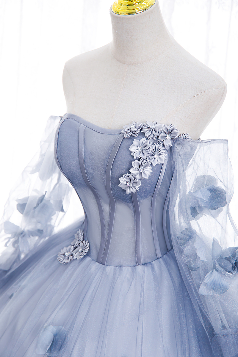 2023 Maria Novia Blue Grey Quinceanera Dresses Long Sleeve Flower Long  Sleeve Ball Gown Prom Dress on Luulla