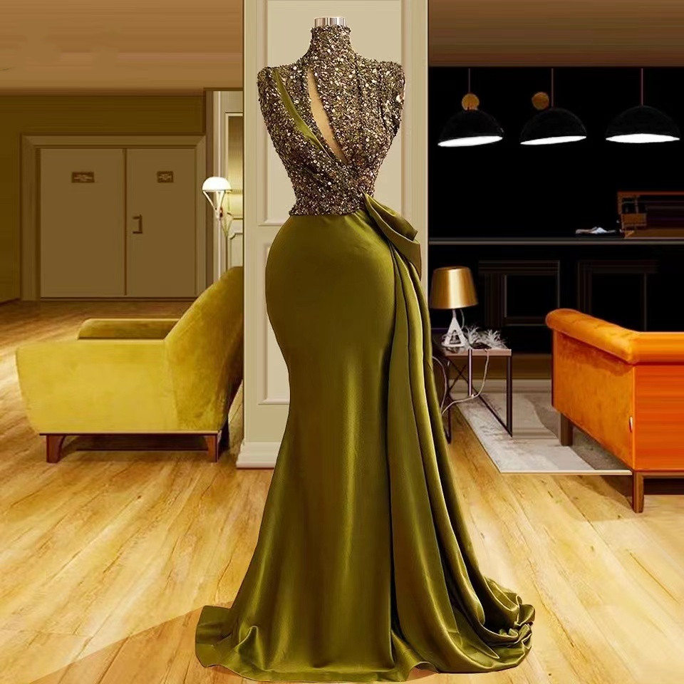 2023 Vintage Sparkling Sequins Mermaid Prom Dresses High Neck Evening Gown Saudi Arabic Long Formal Party Gown