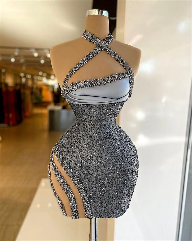Shiny Silver Sleeveless Short Cocktail Dresses Sexy For Women Halter Club Party Gowns
