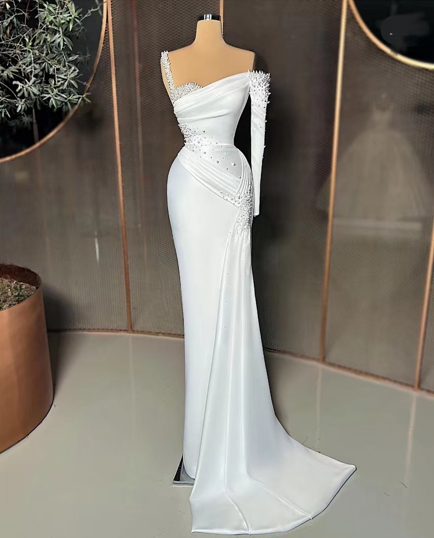 navy blue v neck dress Leila Navy Blue Mermaid Deep V Neck Satin Long Prom Dress with Appliques Navy Blue / 2