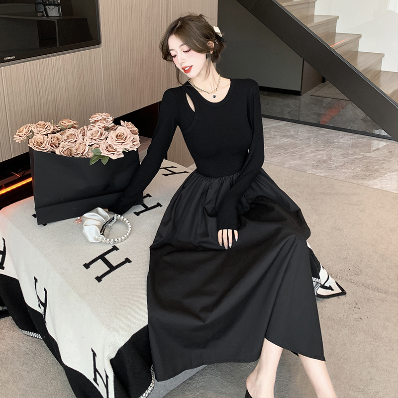 2023 Knitted Dresses For Women Hollow Out Solid Black A-line Elegant Vestidos Elegant Fashion Autumn Winter Dress Korean