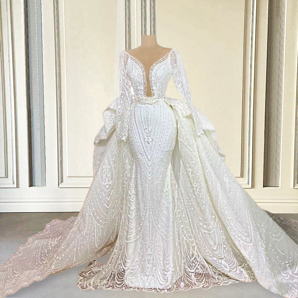 Luxury Lace Puffy Wedding Dresses For Bride Mermaid Bead Long Sleeve Detachable Train Dubai Bridal Gowns Plus Size