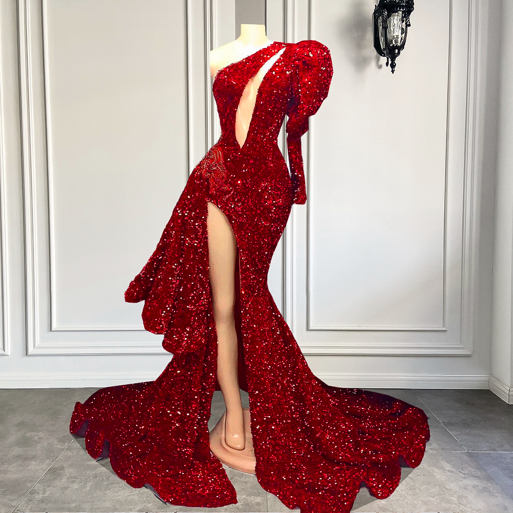 Sexy High Slit Single Puffy Long Sleeve Sparkly Red Sequined Black Girl Mermaid Prom Dresses