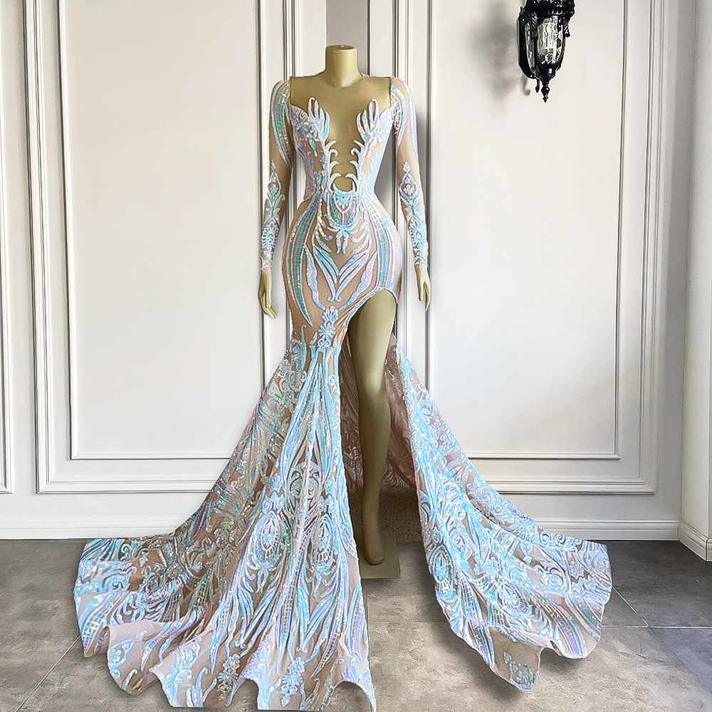 chinese dress ladies Sheer Long Sleeves Mermaid Prom Dresses with 3D Flowers main image 0