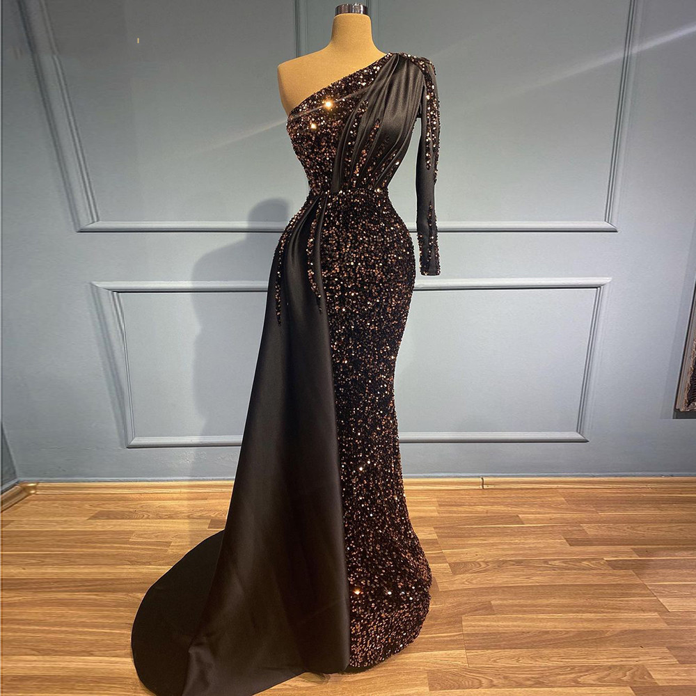 Classic Black Evening Dress Sequin One Shoulder Long Sleeve Elegant Wedding Party Gowns Mermaid Vestidos De Ocasión Formale