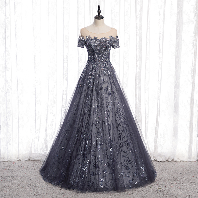 Short Sleeve Lace O-neck Elegant Evening Dress Sequins Embroidery A-line Floor-length Backless Party Formal Gown Woman