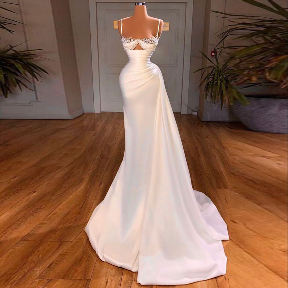 White Pretty Elegant Mermaid Prom Dresses Spaghetti Strap