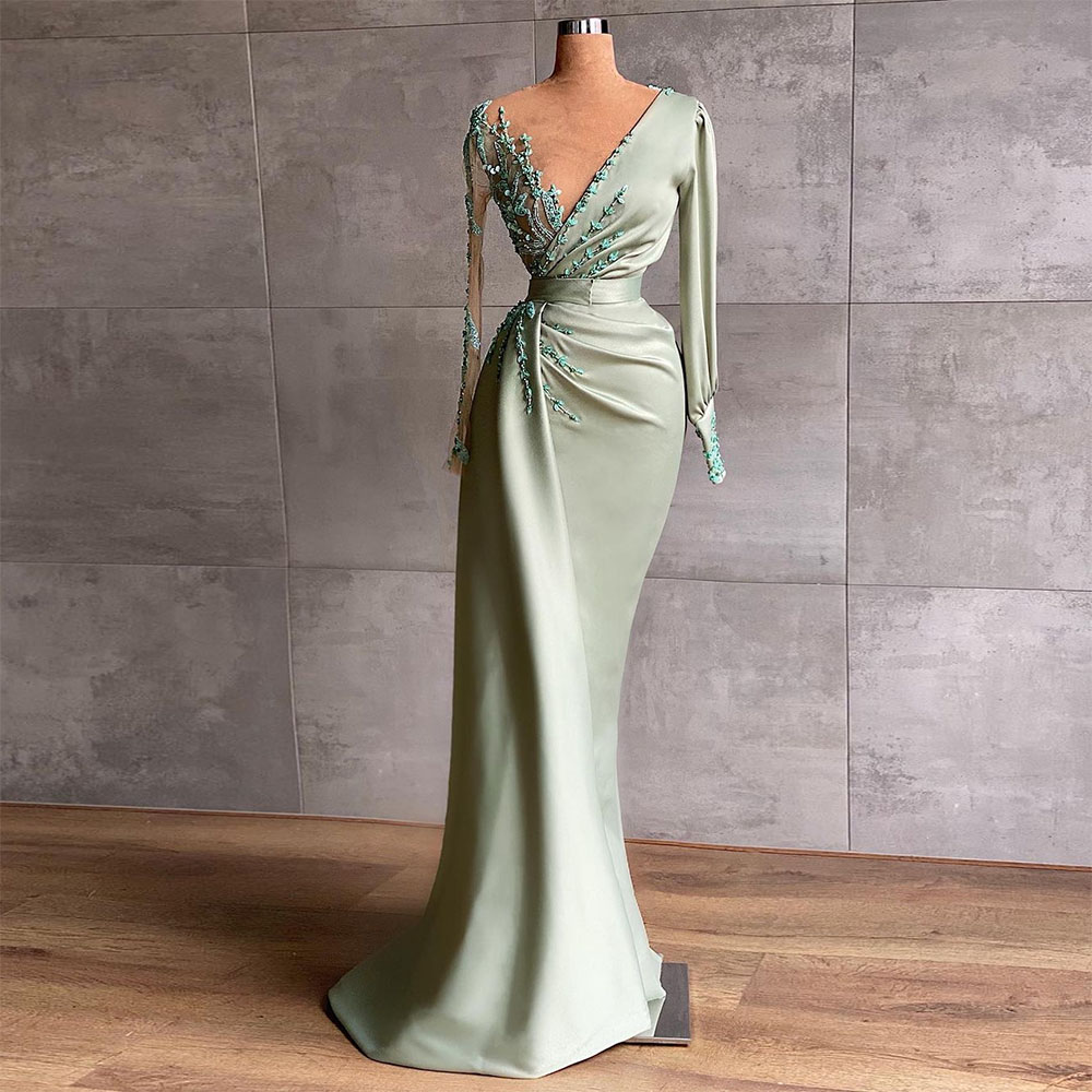 Beautiful Exquisite Beading Satin Mermaid Prom Dresses Long Sleeves V-neck Evening Gown Pleats Dubai Women Formal Party Gown