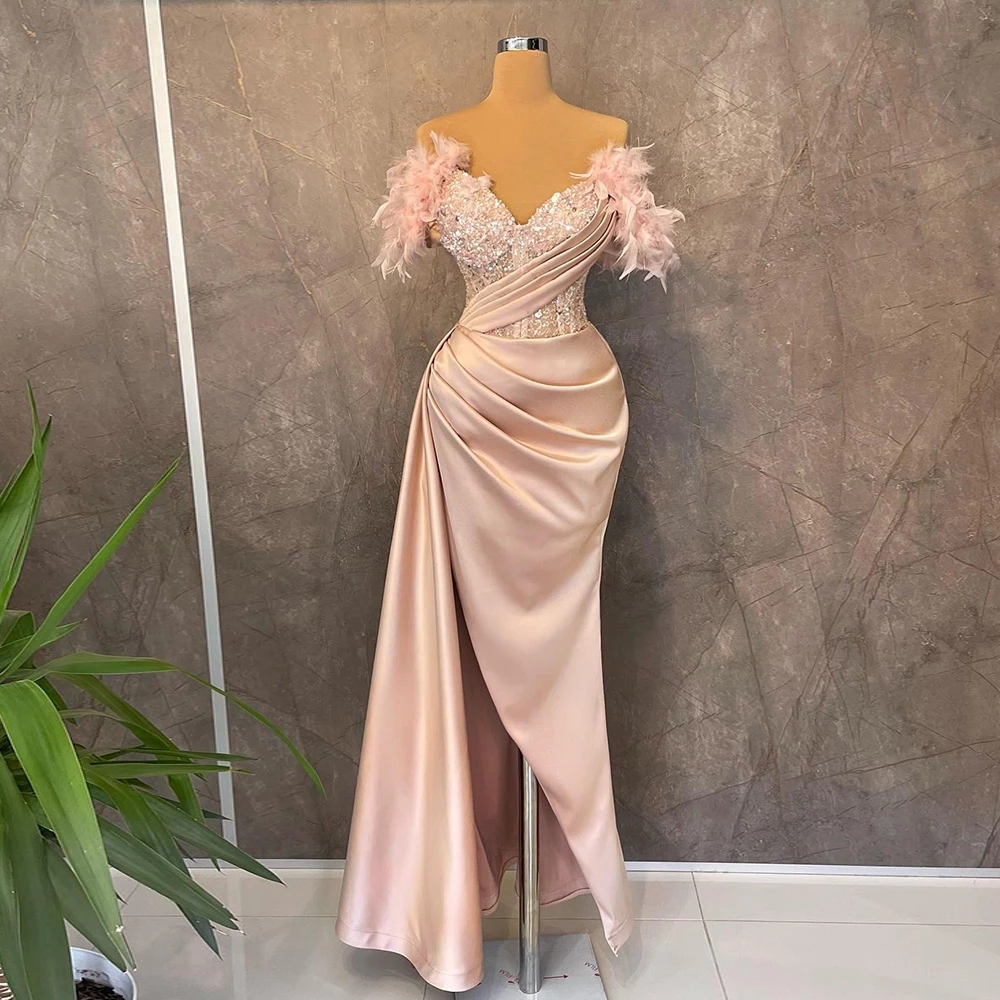 Coral Pink Evening Dresses Mermaid Sparkly Feather Off The Shoulder Split Side Formal Women Prom Gowns Designer Robe
