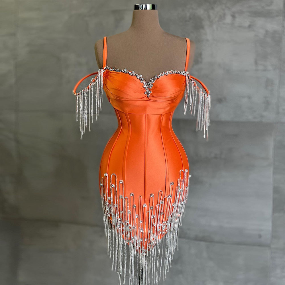 Orange Short Prom Dresses Crystals Tassel Sweetheart Women Cocktail Party Evening Gowns