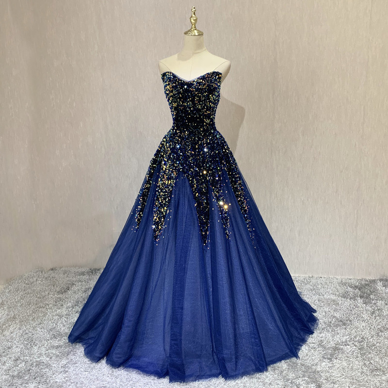 Sequins Evening Dress Sleeveless Sexy V-neck Pleat A-line Simple Floor-length Navy Blue Tulle Party Formal Dresses Woman