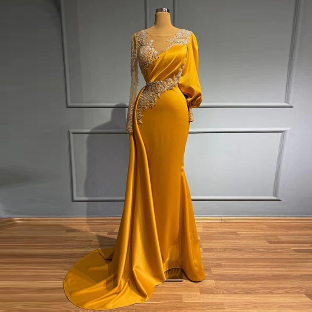 Gold Women's Evening Dresses Luxury Lace Applique Bead String Mermaid Satin Pleated Princess Prom Gowns Long Sleeved Robe