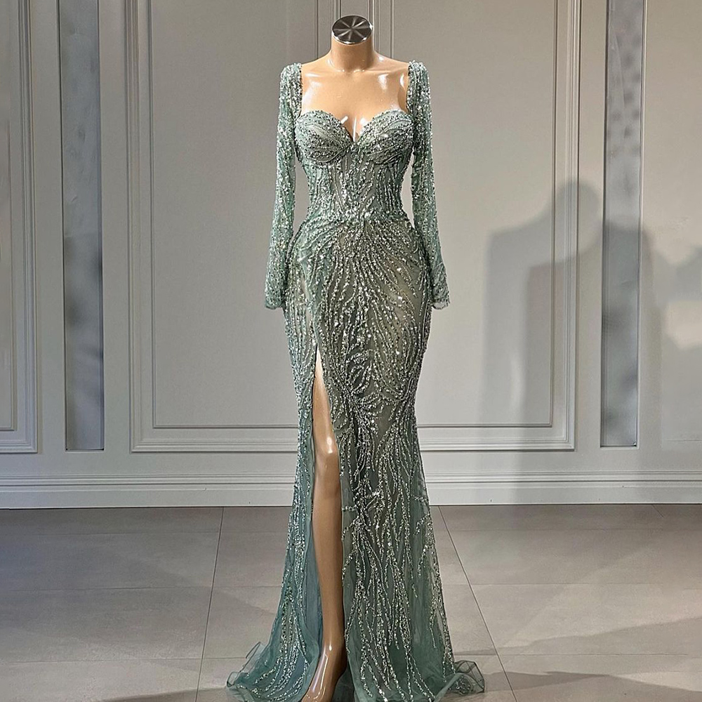 Turquoise Elegant Mermaid Sexy High Split Beaded Evening Dresses Gowns For Women Wedding Party