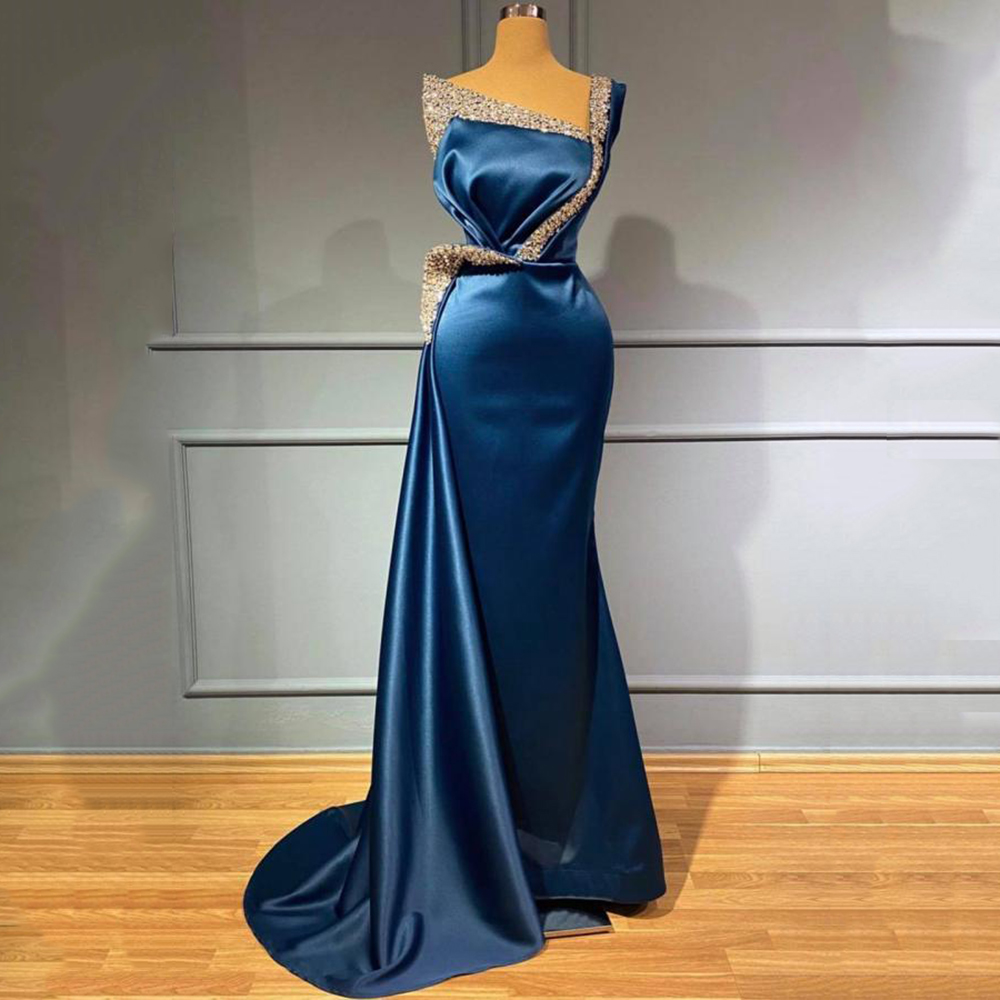 Formal Elegant Evening Dresses Ladies Blue With Beads Square Neck Satin Mermaid Ball Gown Luxury Crystal Arabian Long Party
