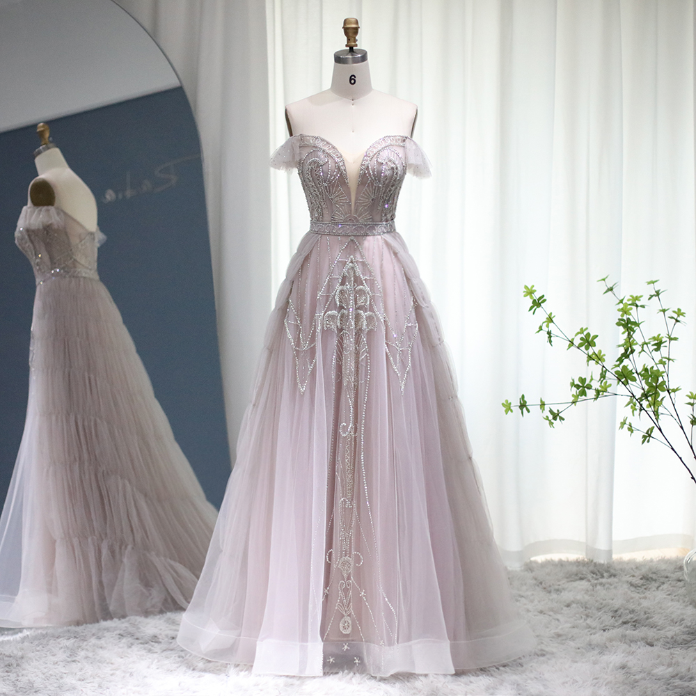 Elegant Blue Arabic Evening Dresses With Overskirt Luxury Dubai Crystal Pink Formal Dress For Women Wedding