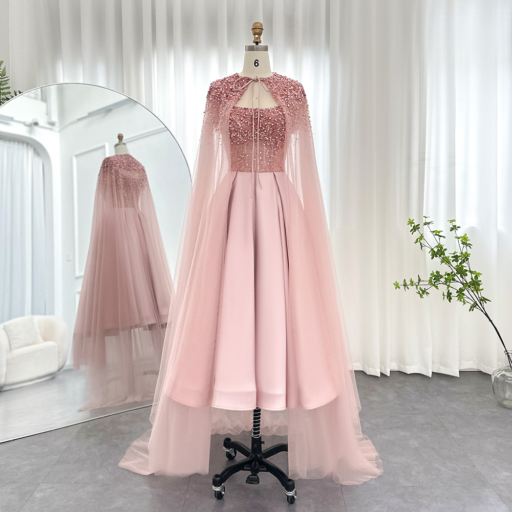 Elegant Luxury Short Crepe Pink Evening Dresses Mermaid Beads Crystal Ruffled Prom Dresses Women Party Gowns