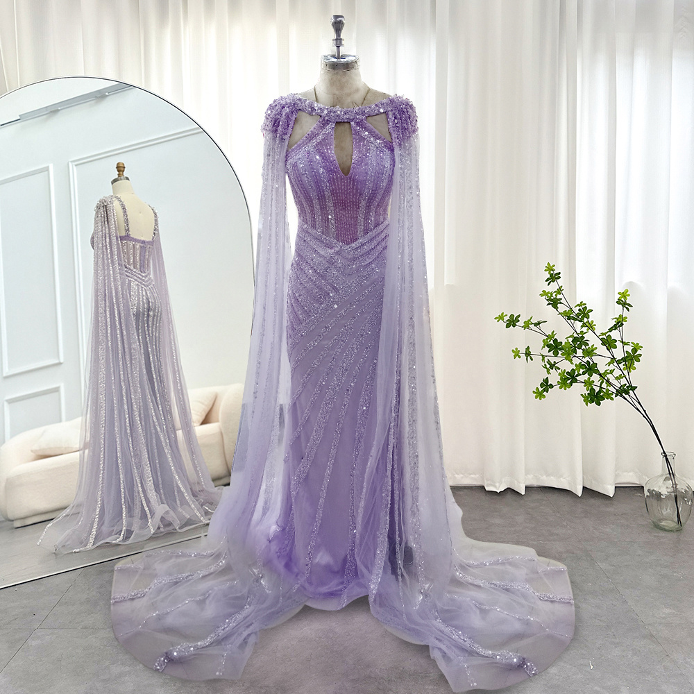 Straight Luxurious Dubai Dropped Shoulder Sleeve Beaded Lilac Women's Evening Dress Wedding Elegant Arabian Formal Party Gowns