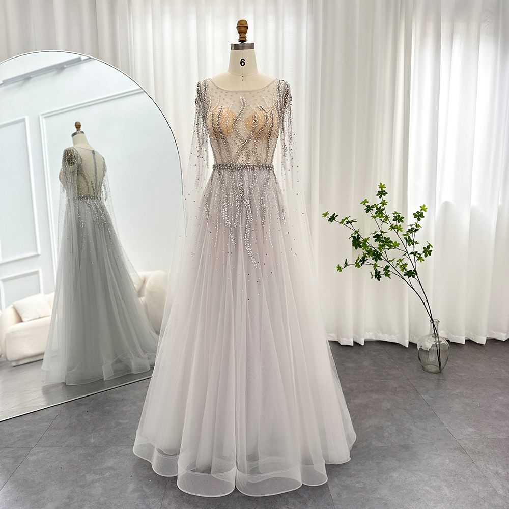 A-line Elegant Silver Dubai Women Evening Dresses Wedding Party O-neck Cap Sleeves Back Zipper Luxurious Beaded Arabic Prom Gown