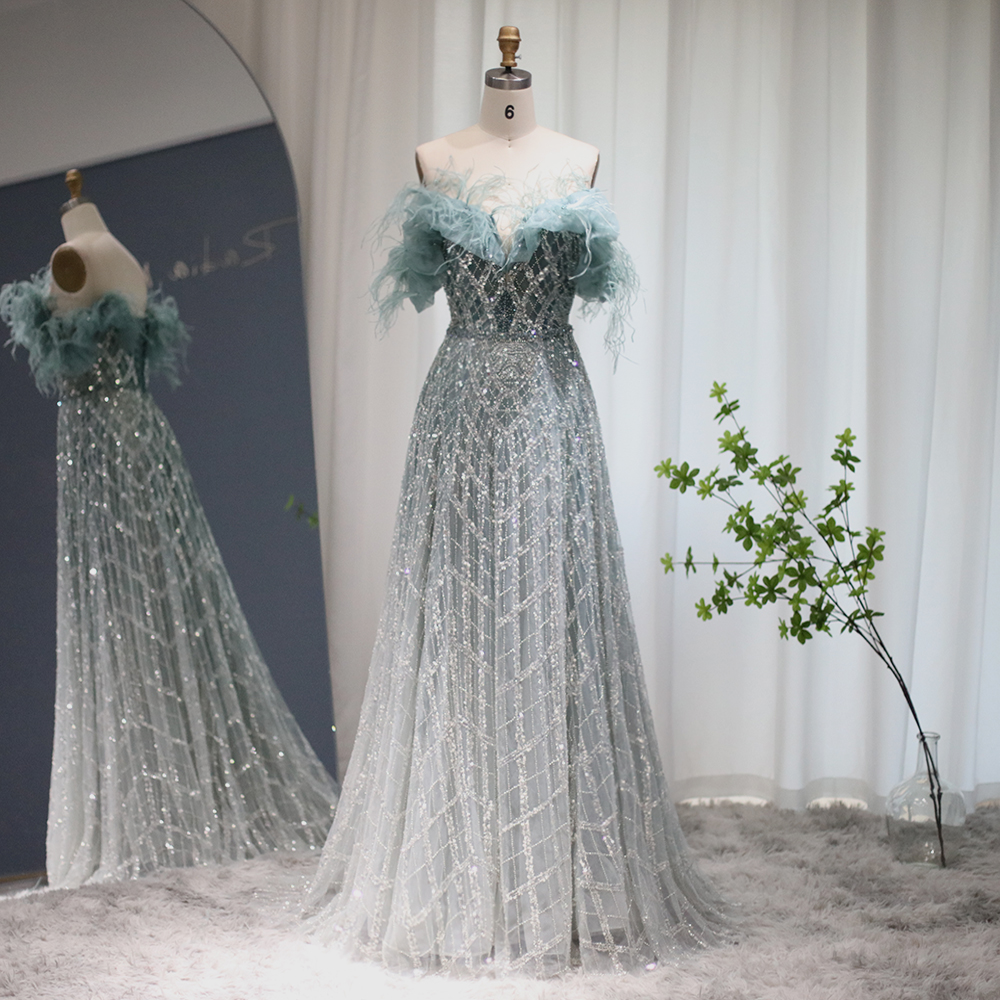 Luxury Feathers Green Dubai Evening Dresses Elegant Off Shoulder Long Formal Dress For Women Wedding Party